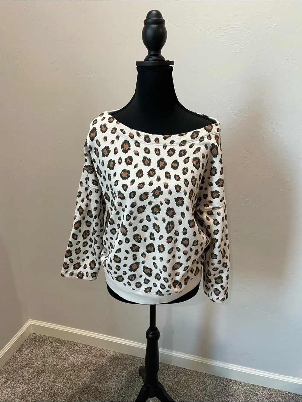 J. Crew Off-Shoulder Leopard Print Sweatshirt in White and Brown